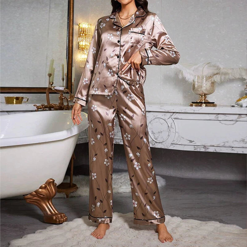 Womens Ladies Satin Nightwear Pyjamas 2Pcs Set Silk PJS Long Sleeve Sleepwear