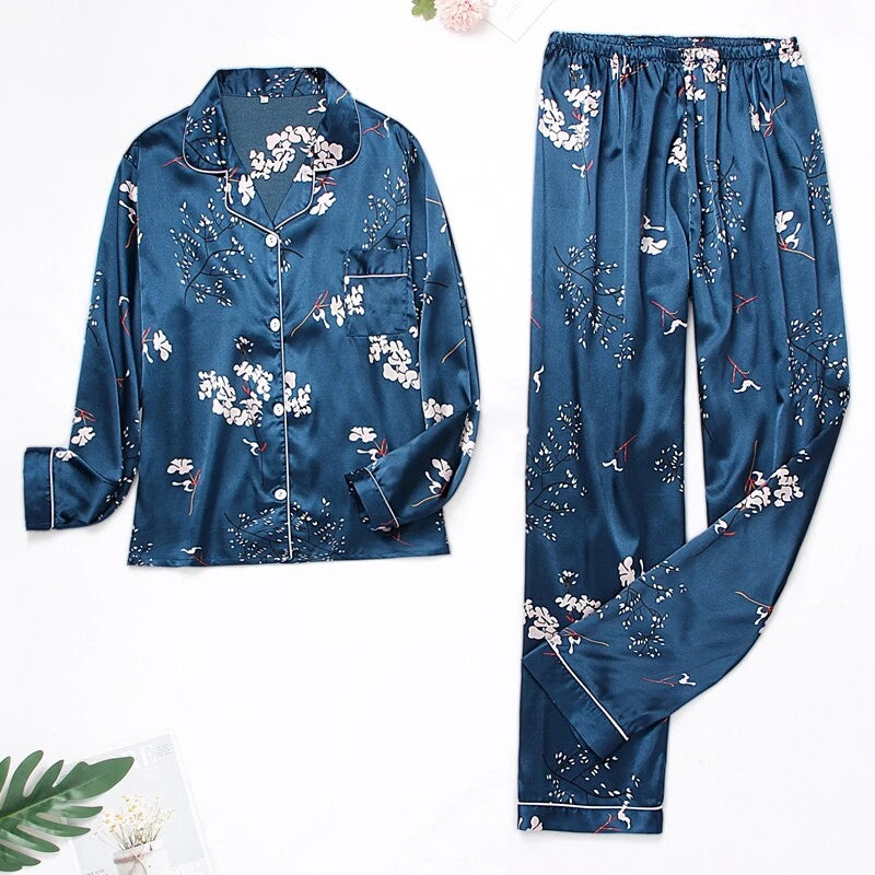 Womens Ladies Satin Nightwear Pyjamas 2Pcs Set Silk PJS Long Sleeve Sleepwear