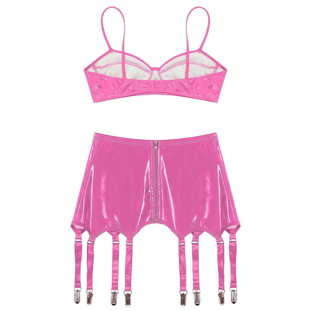 Womens Lingerie Set Metallic Crop Top Wirefree Miniskirt Unlined Nightwear Sexy