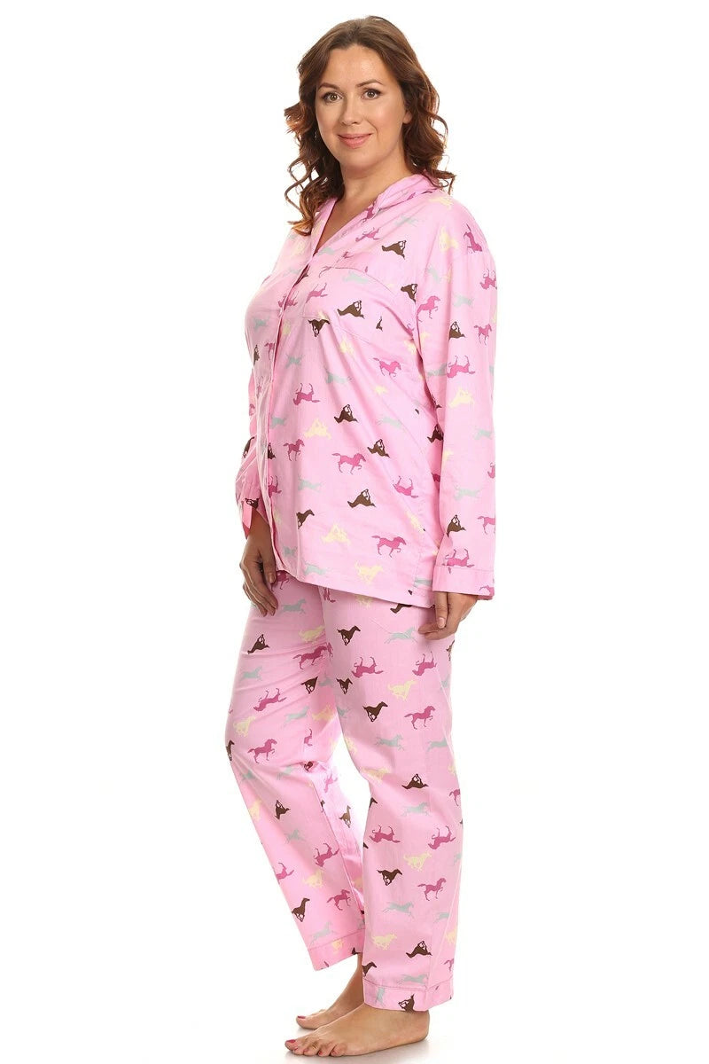 PB COUTURE Women Pink Horses Pajamas 100% Cotton Poplin