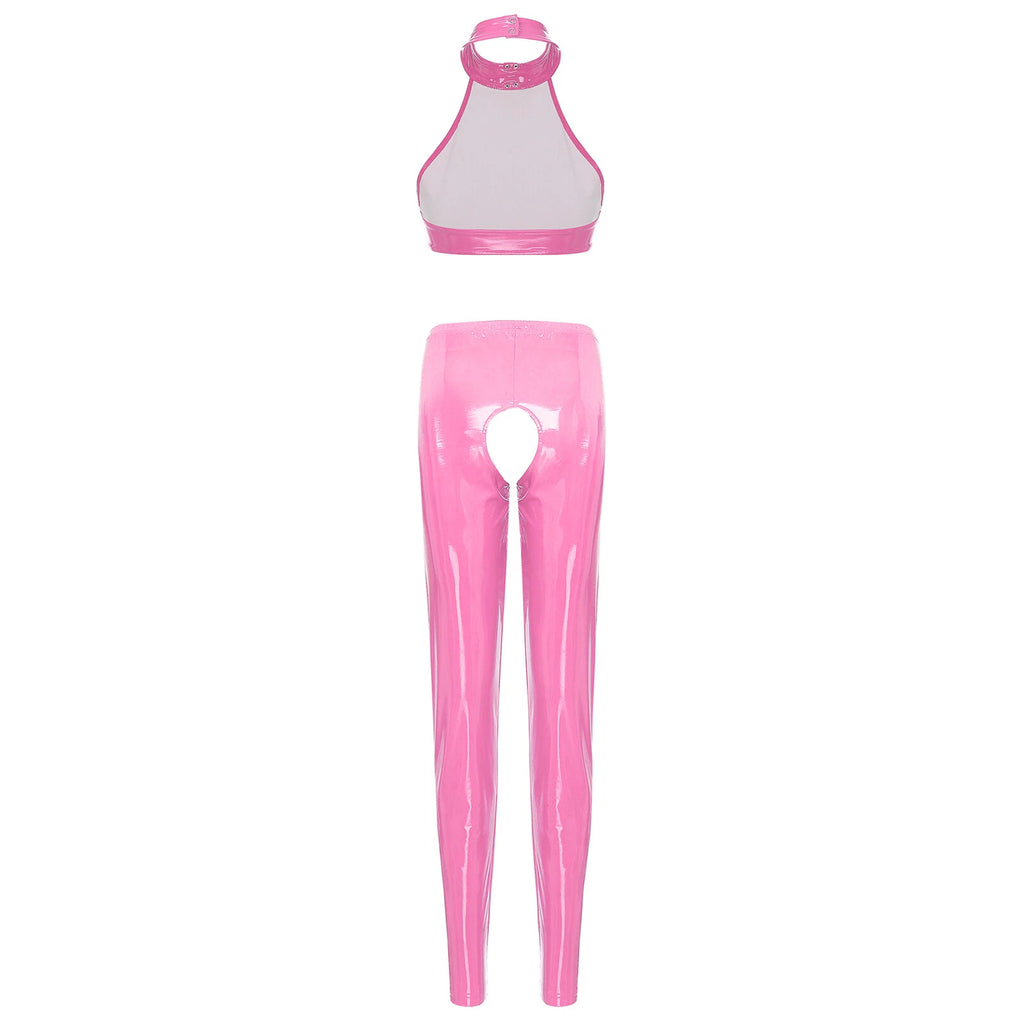 Womens Lingerie Set Crotchless Clubwear Patent Leather Catsuit Wirefree Costume