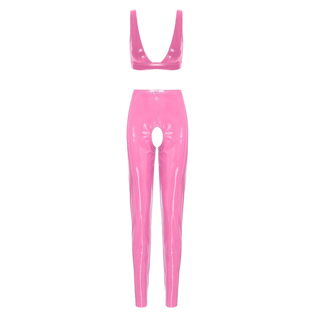 Womens Lingerie Set Crotchless Clubwear Patent Leather Catsuit Wirefree Costume