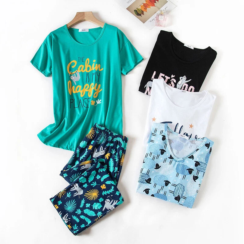 Womens Capri Set Sleepwear Soft Pajamas Sleep Nightshirts Print Comfy Pyjama Set