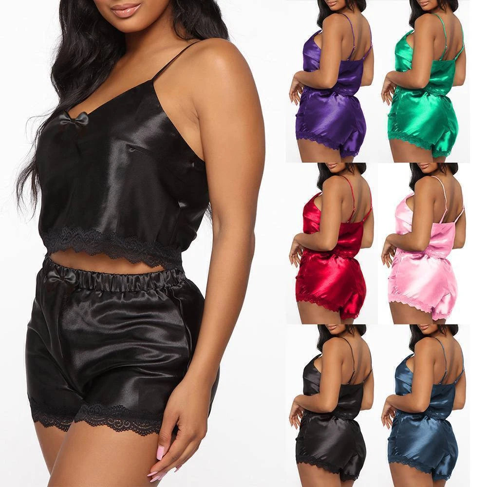 Womens Sexy Satin Silk Lace Lingerie Set Cami Tops Shorts Babydoll Nightwear US
