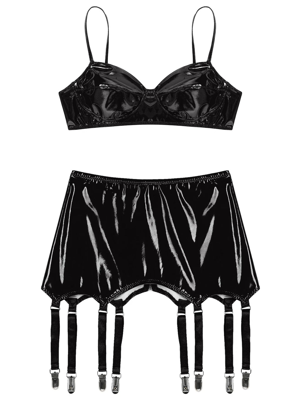Womens Miniskirt Sexy Lingerie Set No Pad Crop Top Faux Leather Nightwear Vest