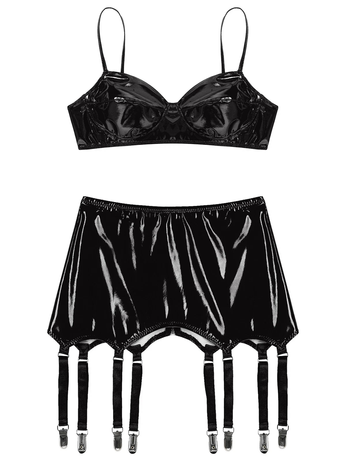 Womens Miniskirt Sexy Lingerie Set No Pad Crop Top Faux Leather Nightwear Vest