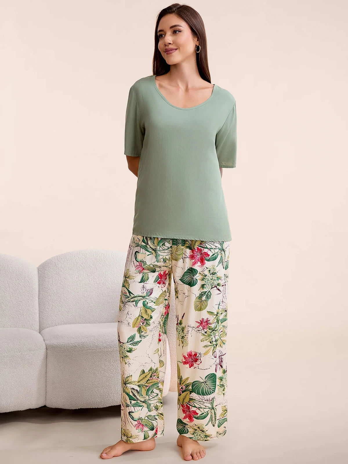 Plus Size S-6XL Viscose Women Pajamas Set Pants Floral Print Casual Sleepwear