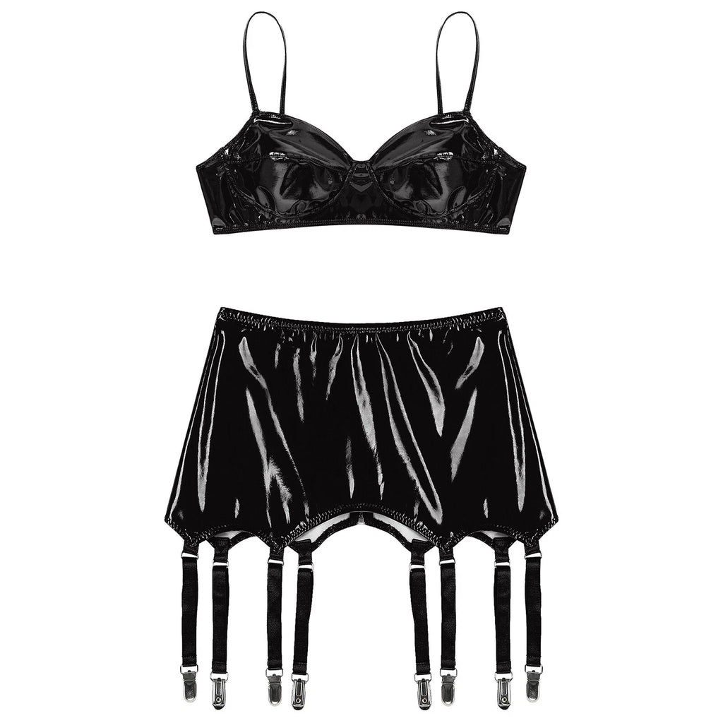 Womens Lingerie Set Metallic Crop Top Wirefree Miniskirt Unlined Nightwear Sexy