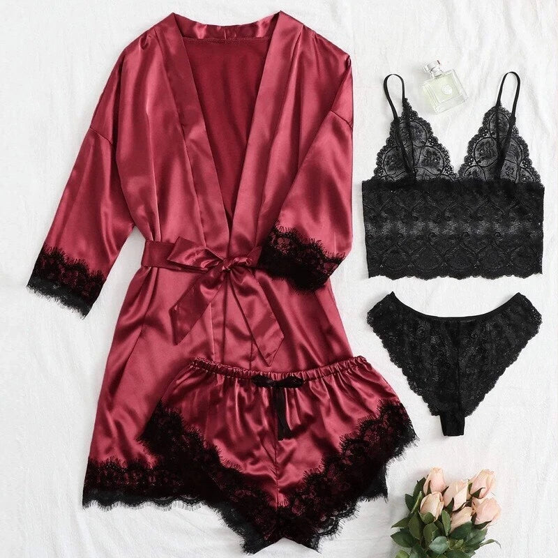S-3XL Four-Piece Womens Ladies Pajamas Sexy Home Wear Set Lace Sling Underwear