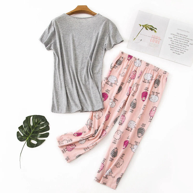 Womens Capri Set Sleepwear Soft Pajamas Sleep Nightshirts Print Comfy Pyjama Set