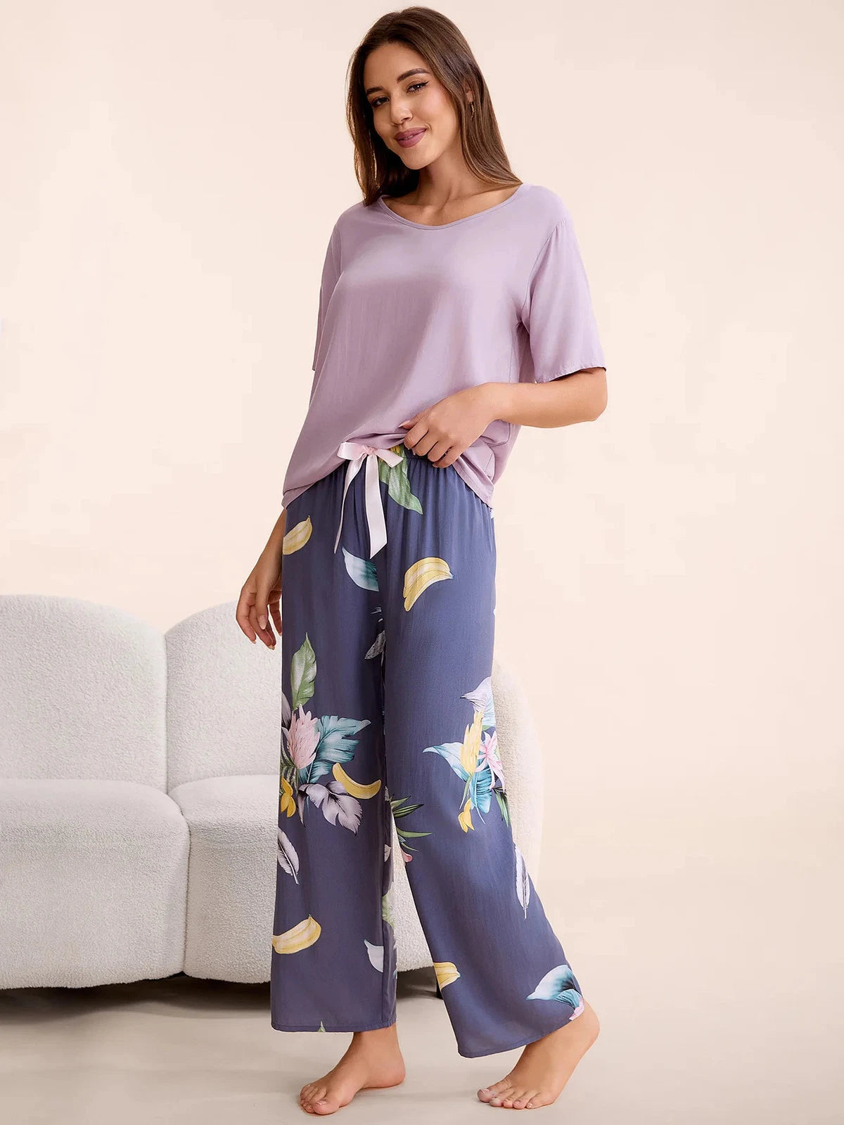 Plus Size S-6XL Viscose Women Pajamas Set Pants Floral Print Casual Sleepwear