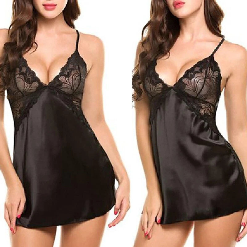 2PCS/set Women Lace Pajamas Deep V Neck Solid Color Sleepwear Sexy Fashion