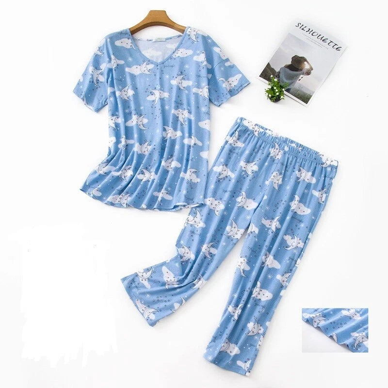 Womens Capri Set Sleepwear Soft Pajamas Sleep Nightshirts Print Comfy Pyjama Set