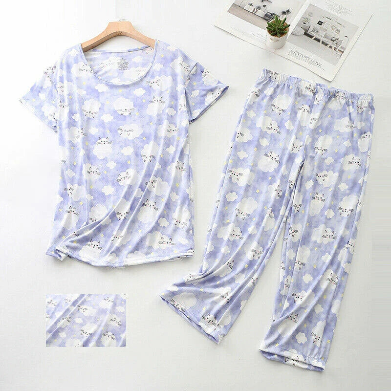 Womens Capri Set Sleepwear Pajamas Woman Sleep Nightshirt Home wear Nightwear Pj