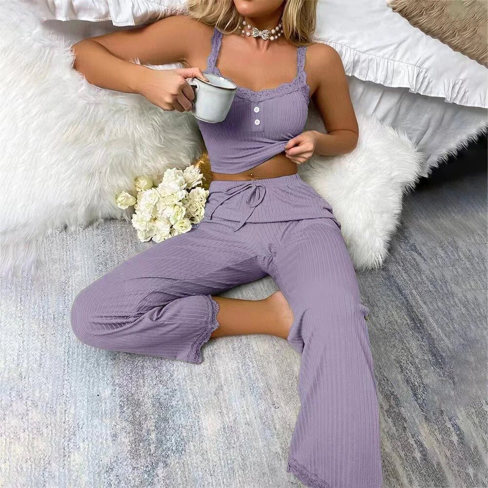 Women Sleepwear Pajamas Camisole Nightwear Leisure Vest Crop Tops Long Pants Set