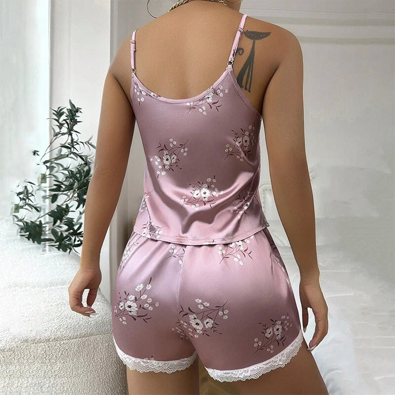 Ladies Women Satin Silk Pyjamas Set Lace Cami Vest Shorts Lingerie Sleepwear Pjs