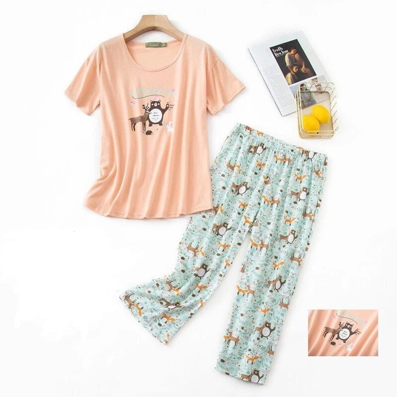 Womens Capri Set Sleepwear Soft Pajamas Sleep Nightshirts Print Comfy Pyjama Set