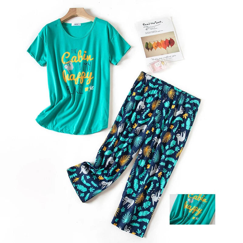 Womens Capri Set Sleepwear Soft Pajamas Sleep Nightshirts Print Comfy Pyjama Set