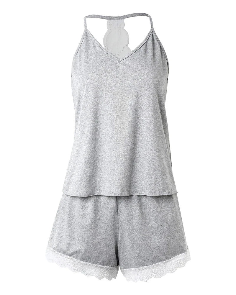 Women's Crochet Lace Pajamas Sleeveless V-Neck Set Daily Wear 2 Piece Sleepwear