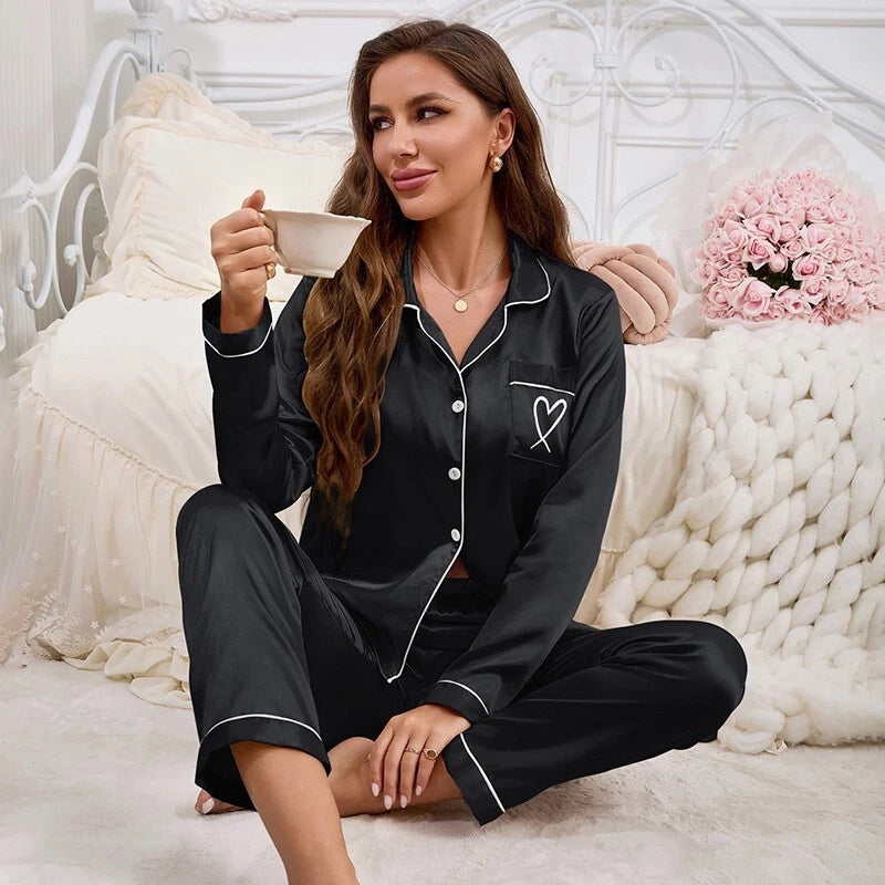 Womens Ladies Satin Nightwear Pyjamas 2Pcs Set Silk PJS Long Sleeve Sleepwear