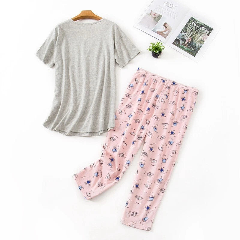 Womens Capri Set Sleepwear Soft Pajamas Sleep Nightshirts Print Comfy Pyjama Set
