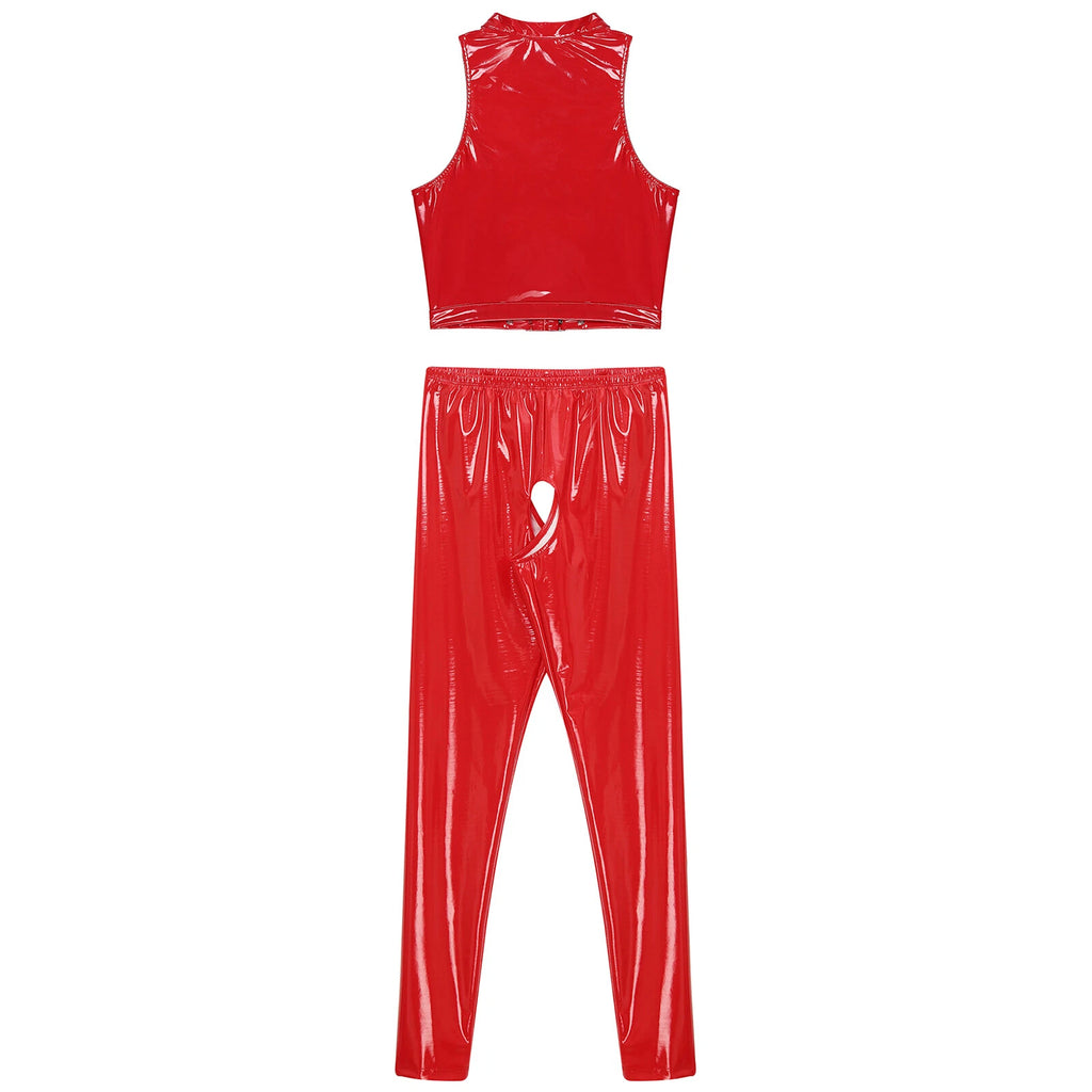 Womens Lingerie Set Crotchless Clubwear Patent Leather Catsuit Wirefree Costume