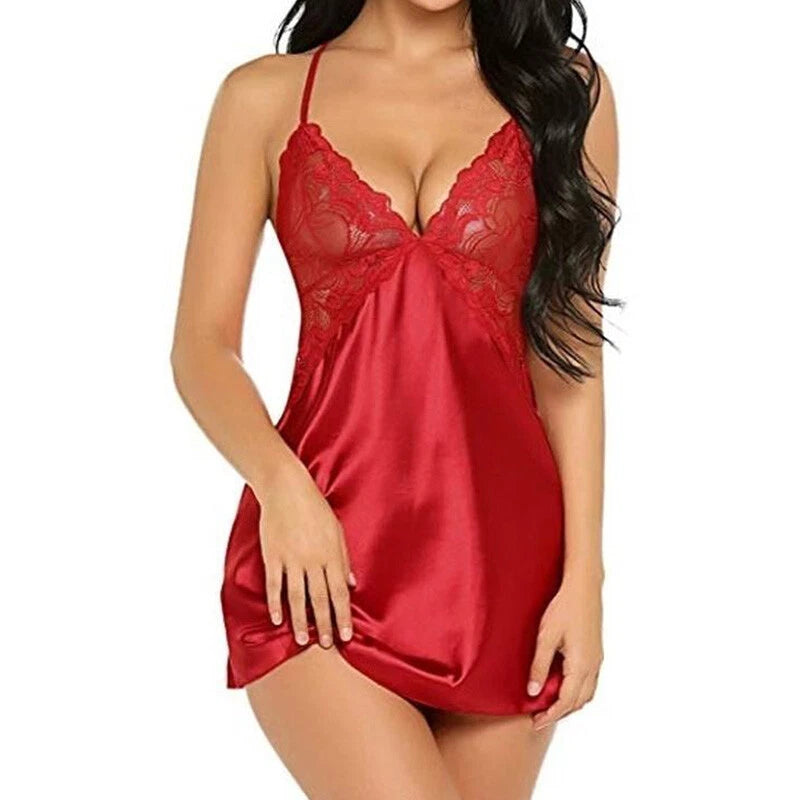 2PCS/set Women Lace Pajamas Deep V Neck Solid Color Sleepwear Sexy Fashion