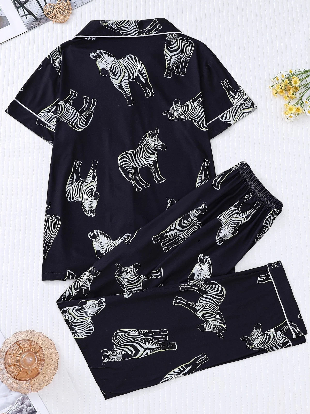 Stylish Zebra Print Womens Pajama Set - Short Sleeve Button Up Top with Lapel
