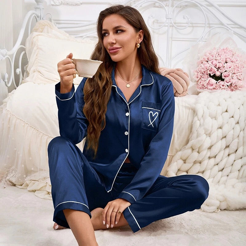 Womens Ladies Satin Nightwear Pyjamas 2Pcs Set Silk PJS Long Sleeve Sleepwear