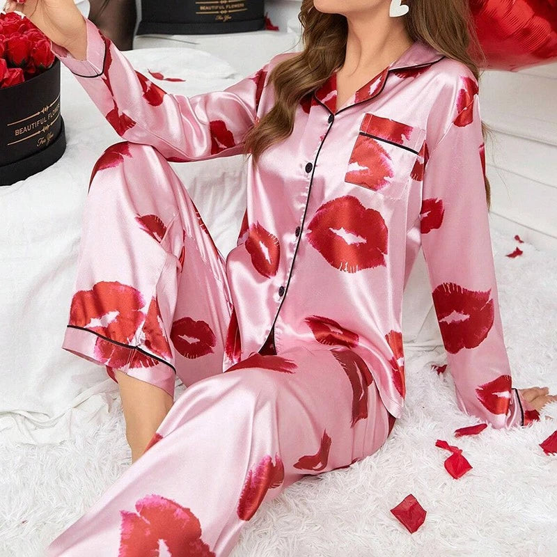 Womens Ladies Satin Nightwear Pyjamas 2Pcs Set Silk PJS Long Sleeve Sleepwear
