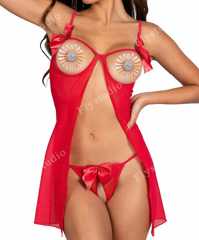 Women Sexy Lingerie See Through Babydoll Nightwear Open Cup Sleepwear G-string