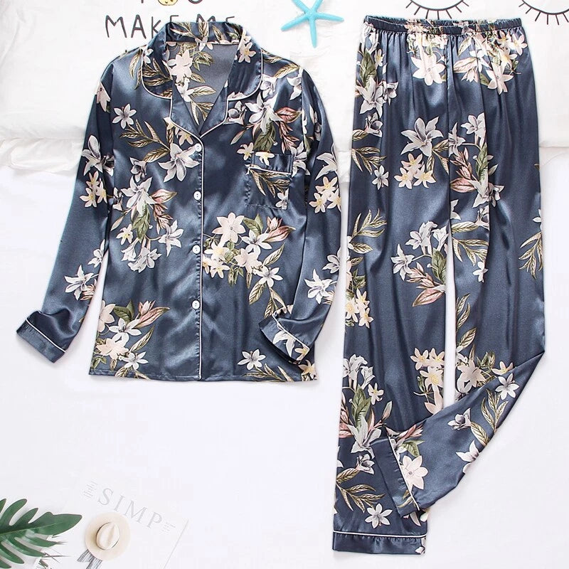 Womens Ladies Satin Nightwear Pyjamas 2Pcs Set Silk PJS Long Sleeve Sleepwear