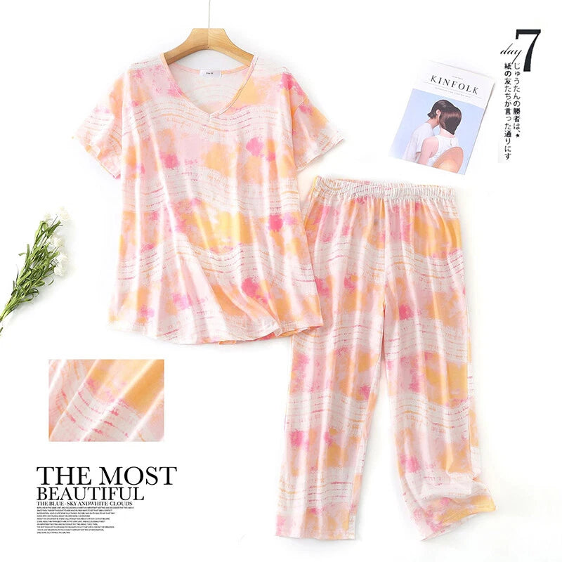 Womens Capri Set Sleepwear Soft Pajamas Sleep Nightshirts Print Comfy Pyjama Set