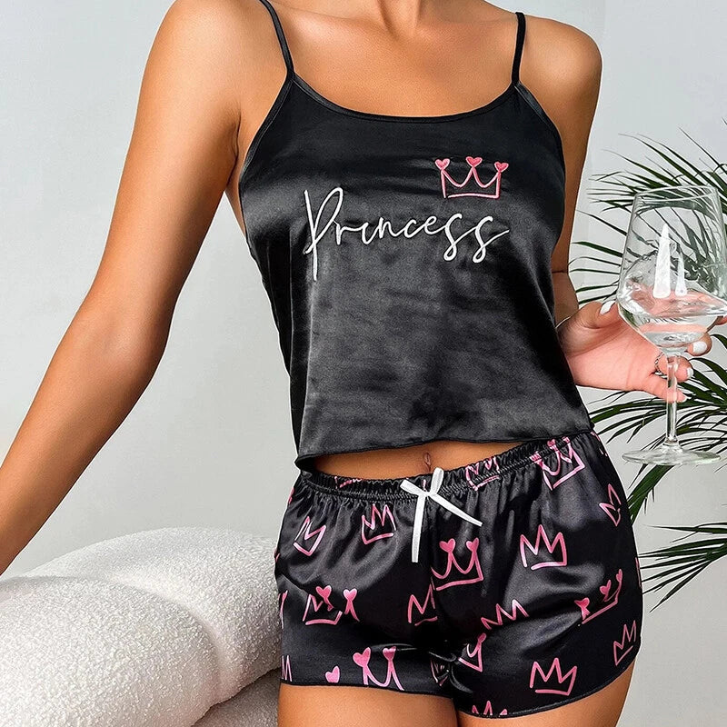 Ladies Women Satin Silk Pyjamas Set Lace Cami Vest Shorts Lingerie Sleepwear Pjs
