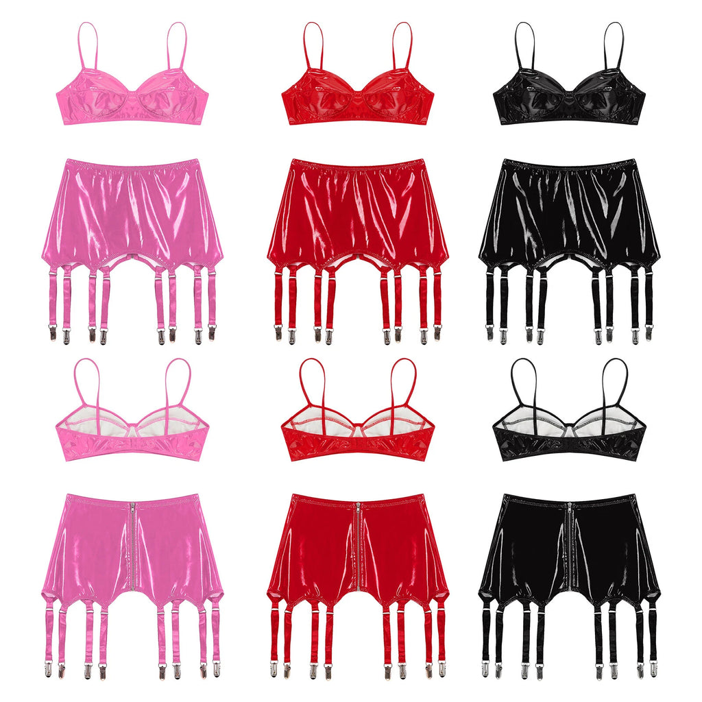 Womens Miniskirt Sexy Lingerie Set No Pad Crop Top Faux Leather Nightwear Vest