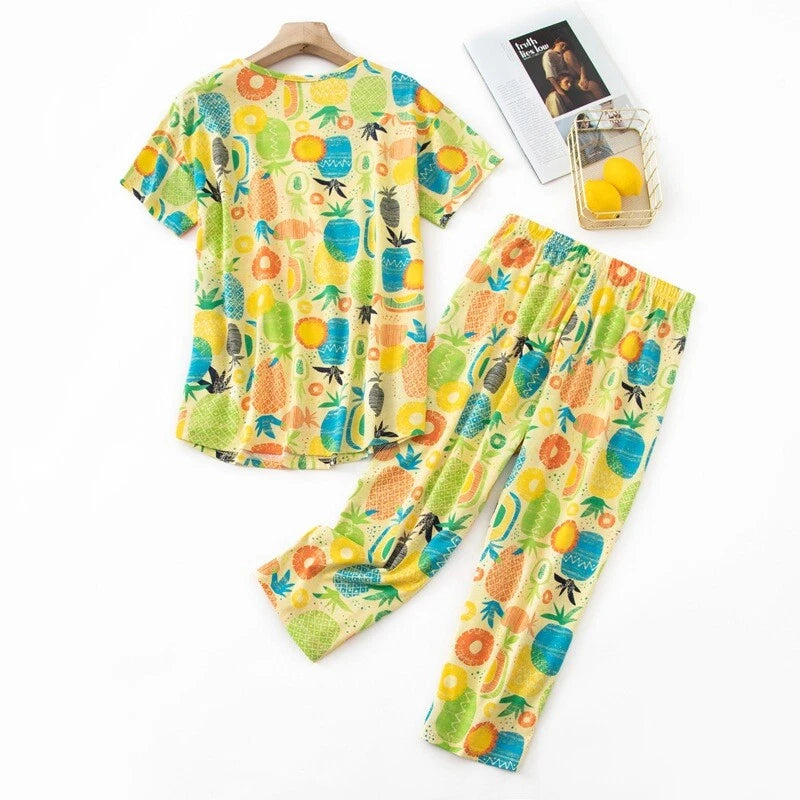 Womens Capri Set Sleepwear Soft Pajamas Sleep Nightshirts Print Comfy Pyjama Set