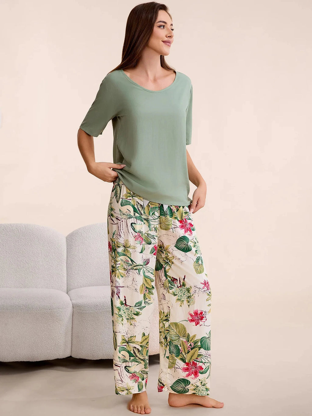 Plus Size S-6XL Viscose Women Pajamas Set Pants Floral Print Casual Sleepwear