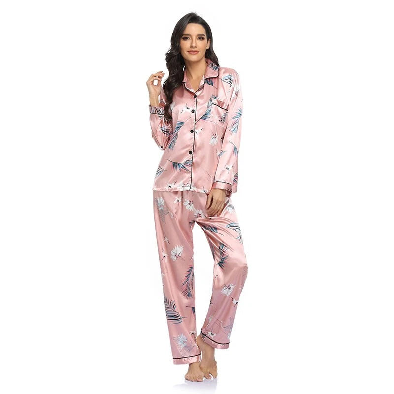 Womens Ladies Satin Nightwear Pyjamas 2Pcs Set Silk PJS Long Sleeve Sleepwear