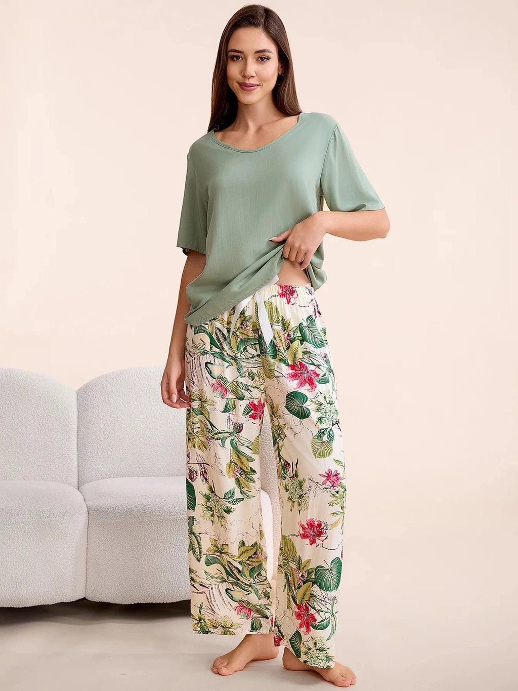 Plus Size S-6XL Viscose Women Pajamas Set Pants Floral Print Casual Sleepwear