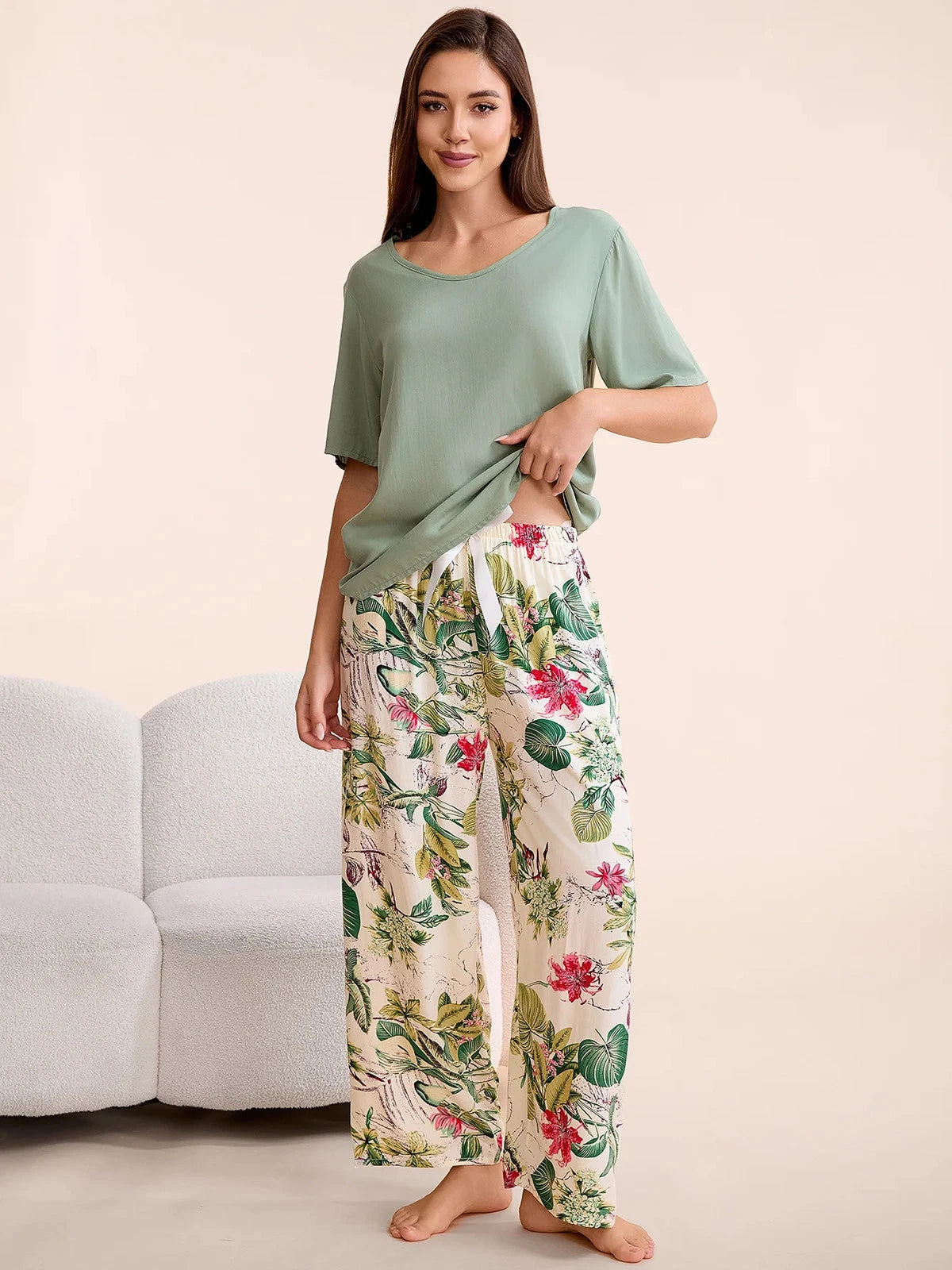 Plus Size S-6XL Viscose Women Pajamas Set Pants Floral Print Casual Sleepwear
