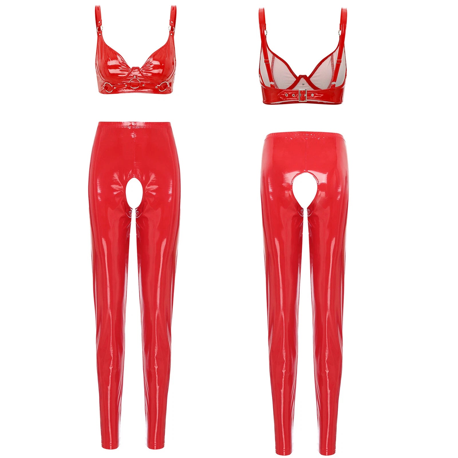 Womens Lingerie Set Crotchless Clubwear Patent Leather Catsuit Wirefree Costume
