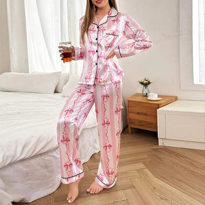 Womens Ladies Satin Nightwear Pyjamas 2Pcs Set Silk PJS Long Sleeve Sleepwear