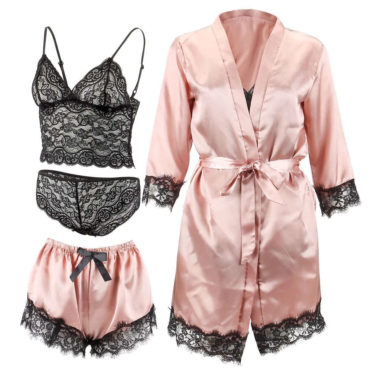 4pcs/set Sexy Women Lingerie Silk Lace Underwear Sleepwear Night Topcoat Pajamas