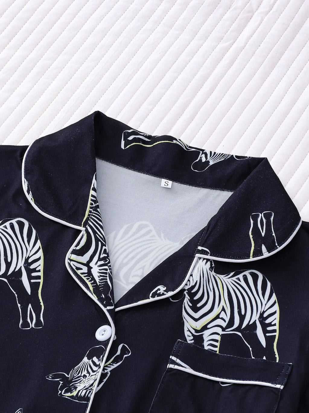 Stylish Zebra Print Womens Pajama Set - Short Sleeve Button Up Top with Lapel