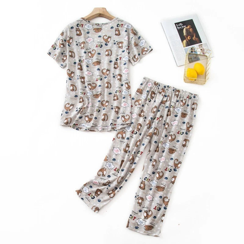 Womens Capri Set Sleepwear Soft Pajamas Sleep Nightshirts Print Comfy Pyjama Set
