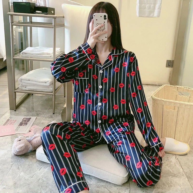 Womens Ladies Satin Nightwear Pyjamas 2Pcs Set Silk PJS Long Sleeve Sleepwear