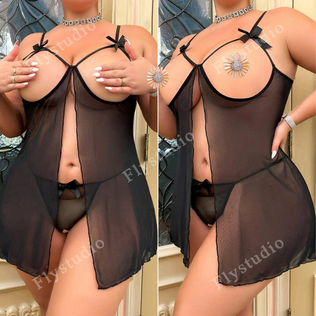 Women Sexy Lingerie See Through Babydoll Nightwear Open Cup Sleepwear G-string