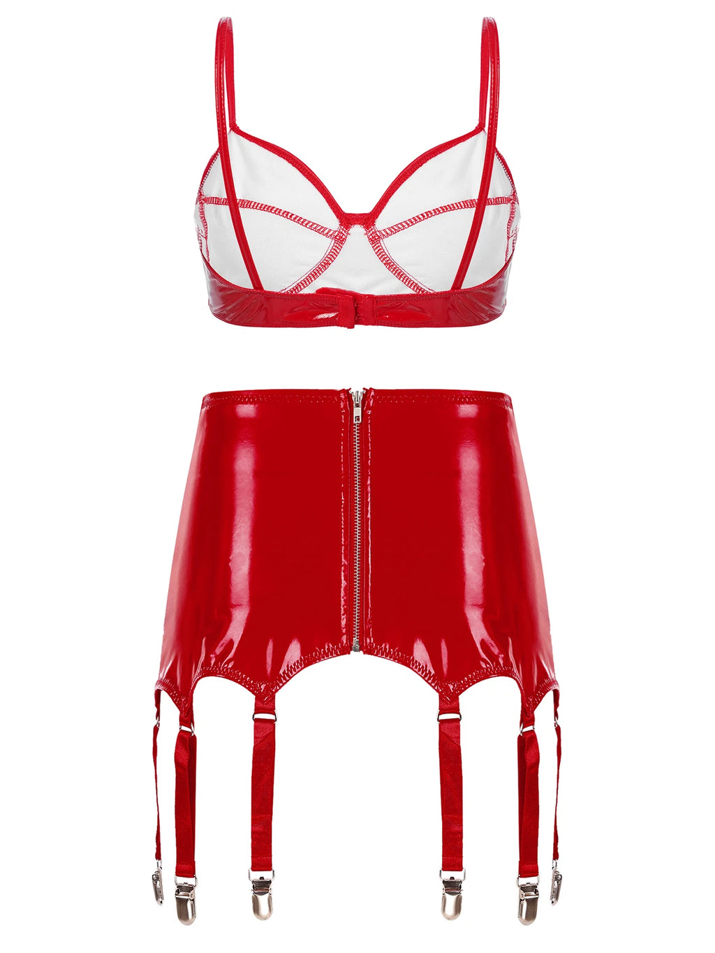 Womens Miniskirt Sexy Lingerie Set No Pad Crop Top Faux Leather Nightwear Vest