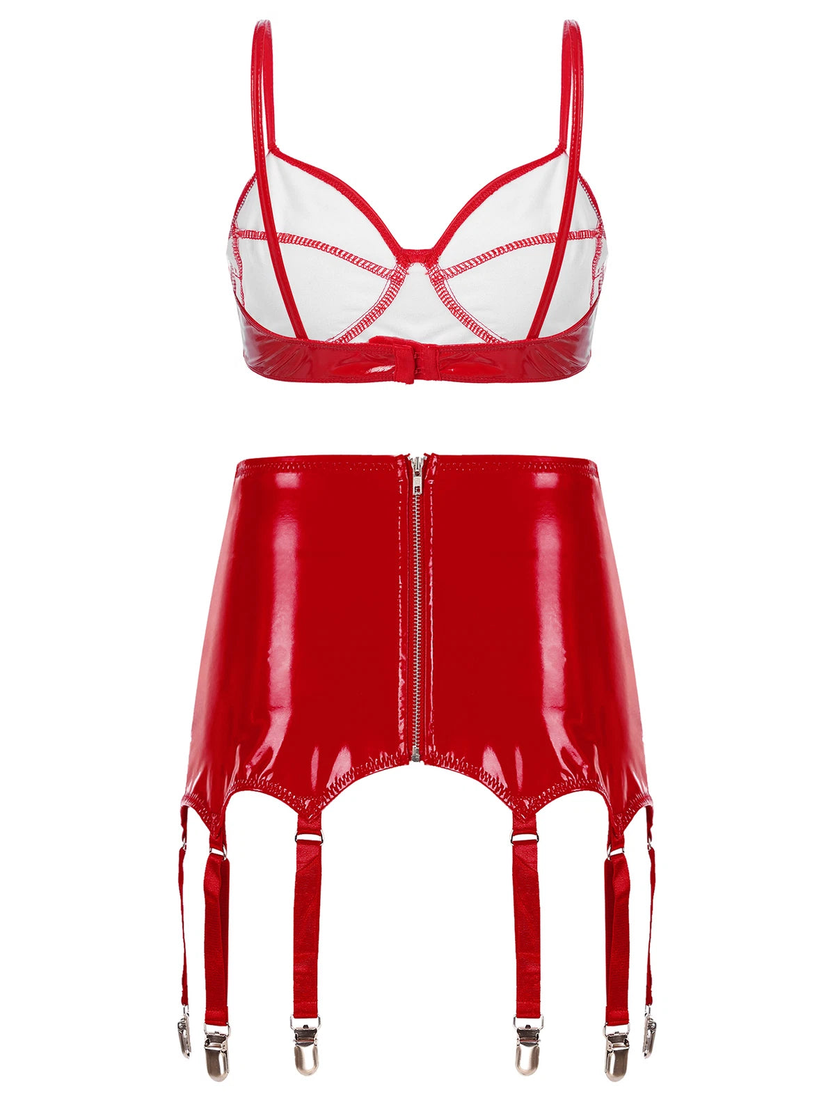 Womens Miniskirt Sexy Lingerie Set No Pad Crop Top Faux Leather Nightwear Vest