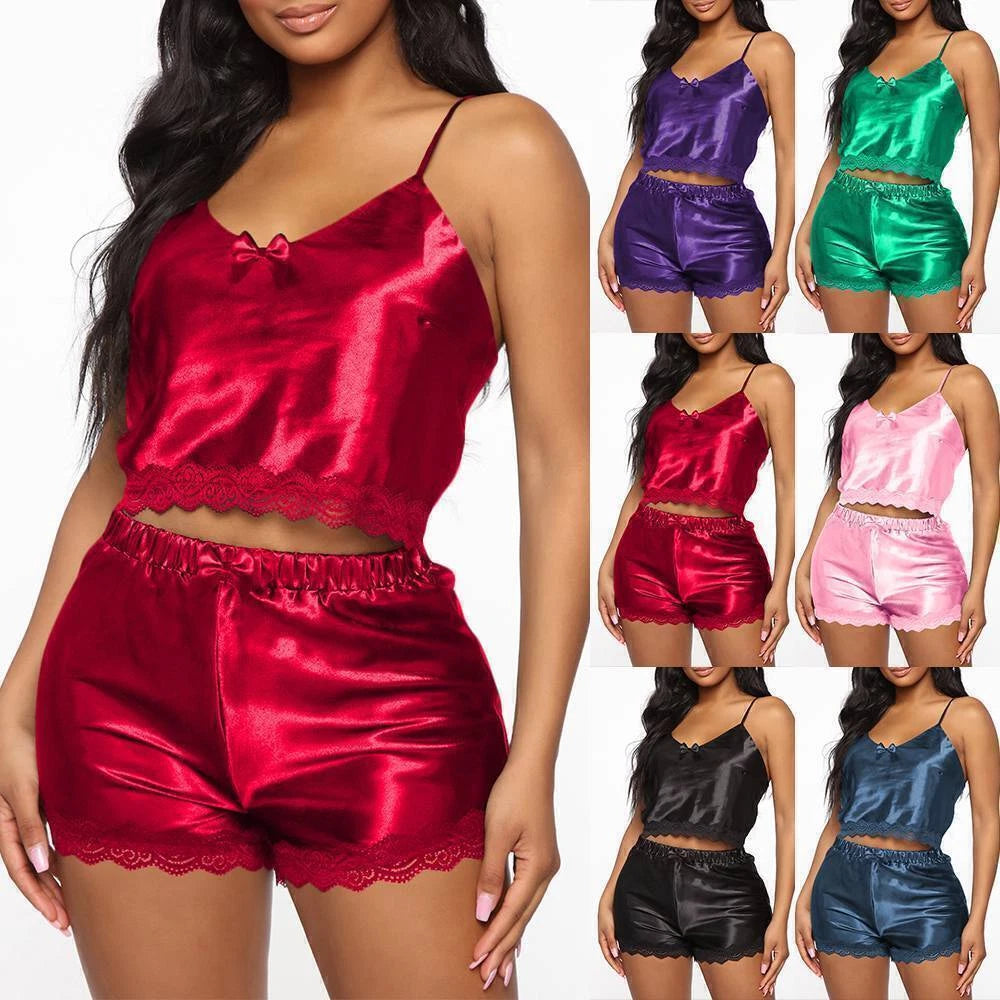 Womens Sexy Satin Silk Lace Lingerie Set Cami Tops Shorts Babydoll Nightwear US